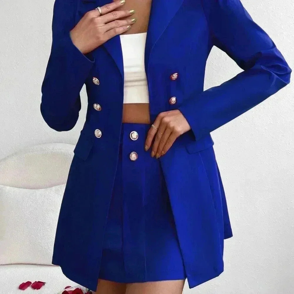 Royal Blue Elegant Women's Double Breasted Blazer & mini Skirt - Picture 4 of 5